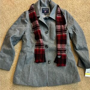 London Fog Women's Gray Pea Coat with Red Plaid Scarf